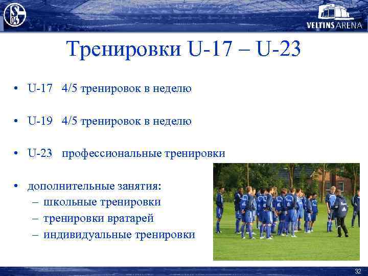 Тренировки U-17 – U-23 • U-17 4/5 тренировок в неделю • U-19 4/5 тренировок