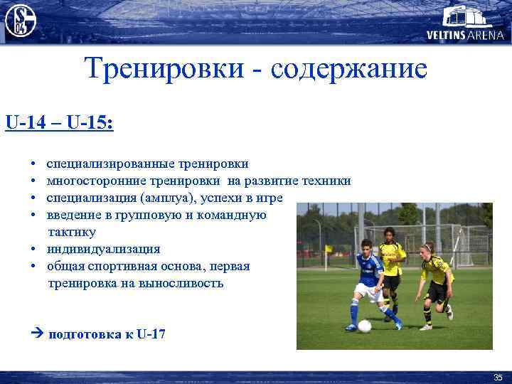 Тренировки - содержание U-14 – U-15: • • специализированные тренировки многосторонние тренировки на развитие