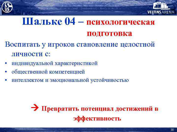 Шальке 04 – психологическая подготовка Воспитать у игроков становление целостной личности с: • индивидуальной