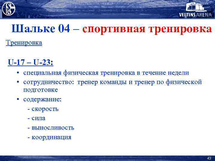 Шальке 04 – спортивная тренировка Тренировка U-17 – U-23: • специальная физическая тренировка в