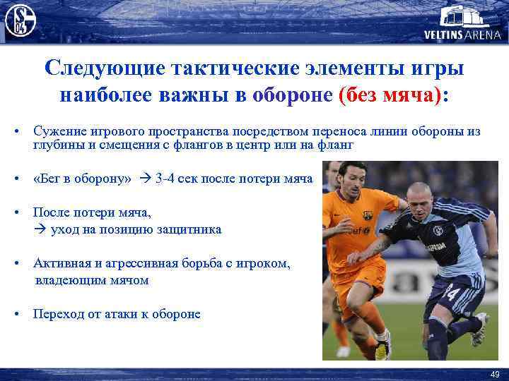 Следующие тактические элементы игры наиболее важны в обороне (без мяча): • Сужение игрового пространства
