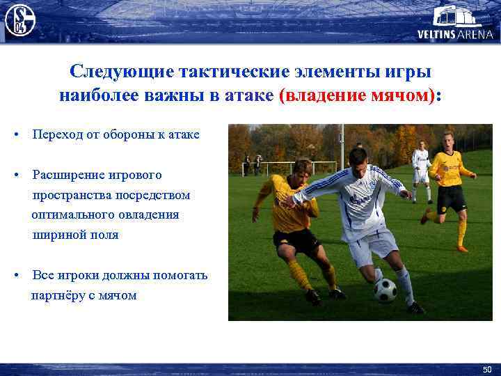 Следующие тактические элементы игры наиболее важны в атаке (владение мячом): • Переход от обороны