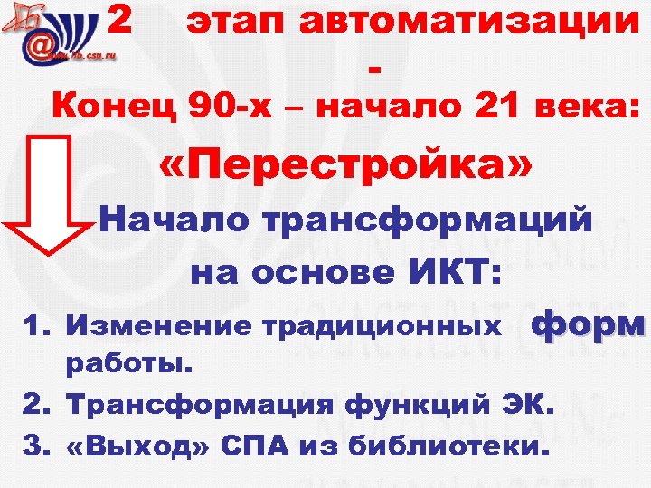 2 этап автоматизации - Конец 90 -х – начало 21 века: «Перестройка» Начало трансформаций