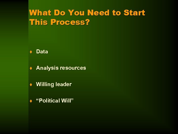 What Do You Need to Start This Process? t Data t Analysis resources t