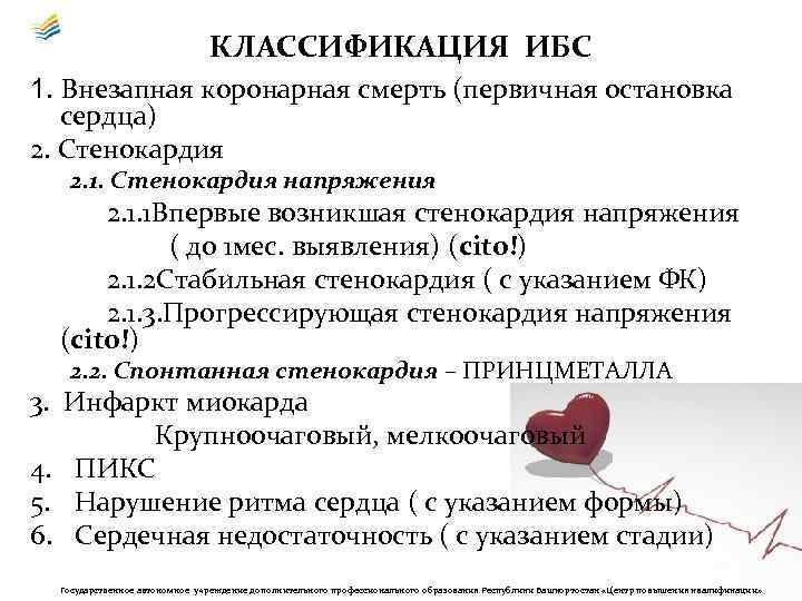 КЛАССИФИКАЦИЯ ИБС 1. Внезапная коронарная смерть (первичная остановка сердца) 2. Стенокардия 2. 1. Стенокардия