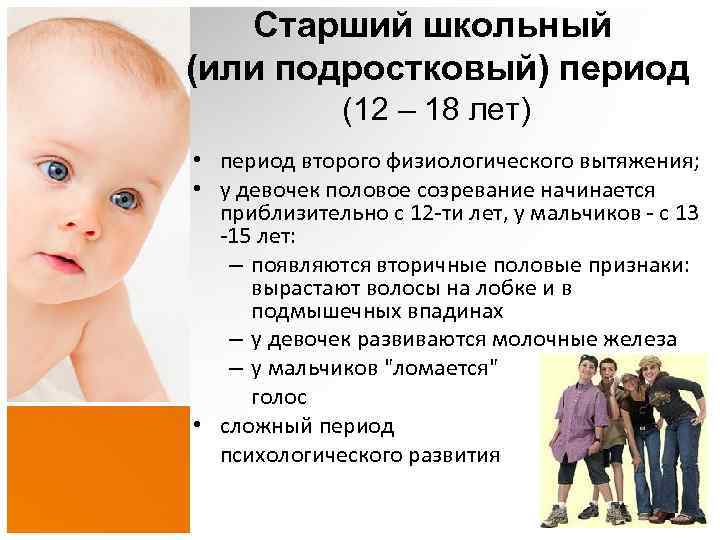 Старший школьный (или подростковый) период (12 – 18 лет) • период второго физиологического вытяжения;