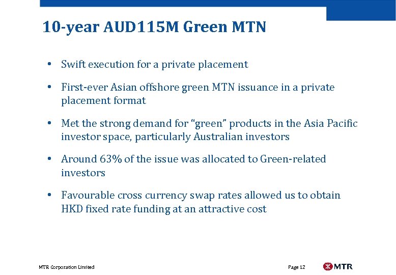 10 -year AUD 115 M Green MTN • Swift execution for a private placement