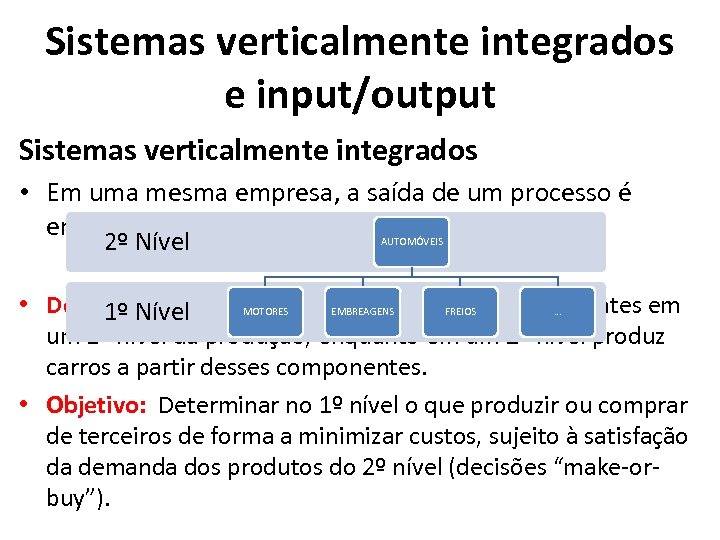 Sistemas verticalmente integrados e input/output Sistemas verticalmente integrados • Em uma mesma empresa, a
