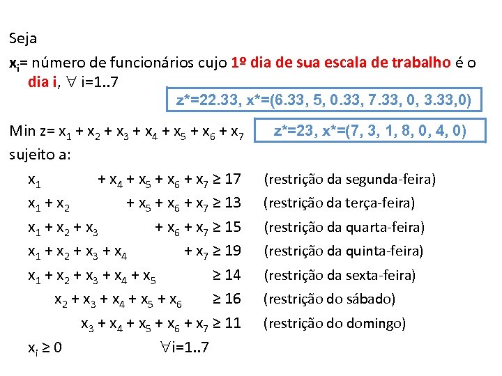 Seja xi= número de funcionários cujo 1º dia de sua escala de trabalho é