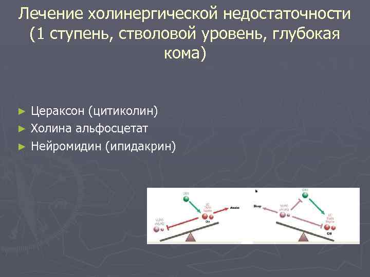 Лечение холинергической недостаточности (1 ступень, стволовой уровень, глубокая кома) Цераксон (цитиколин) ► Холина альфосцетат