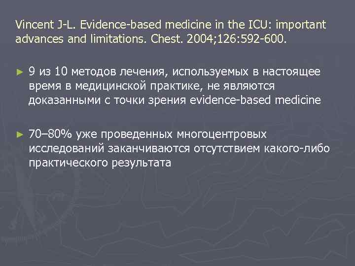 Vincent J-L. Evidence-based medicine in the ICU: important advances and limitations. Chest. 2004; 126: