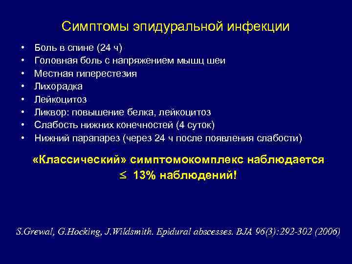 Симптомы эпидуральной инфекции • • Боль в спине (24 ч) Головная боль с напряжением