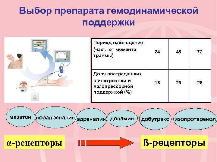 Выбор препарата гемодинамической поддержки Период наблюдения (часы от момента травмы) Доля пострадавших с инотропной