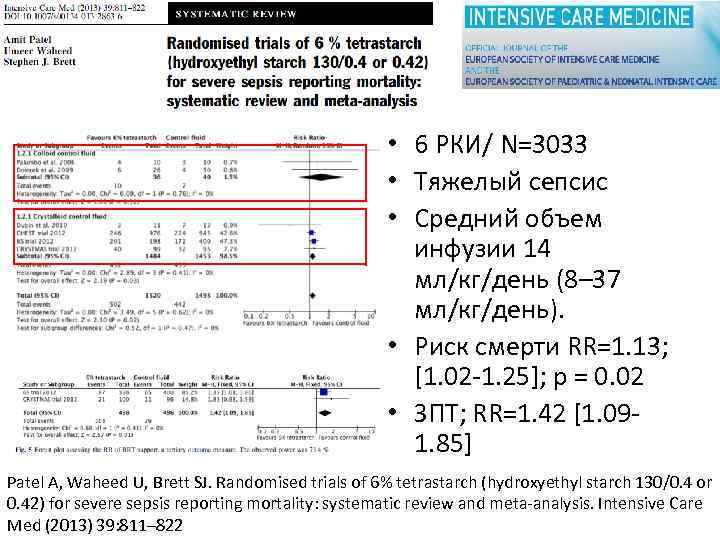  • 6 РКИ/ N=3033 • Тяжелый сепсис • Средний объем инфузии 14 мл/кг/день