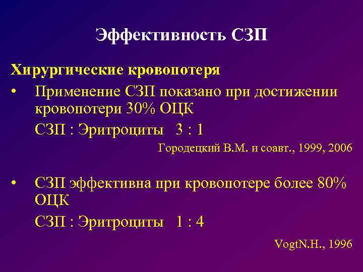 Эффективность СЗП Хирургические кровопотеря • Применение СЗП показано при достижении кровопотери 30% ОЦК СЗП