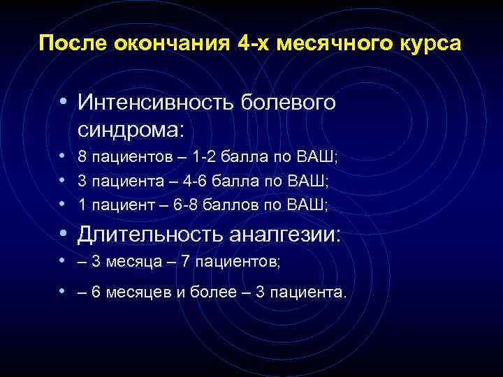 После окончания 4 -х месячного курса • Интенсивность болевого синдрома: • 8 пациентов –