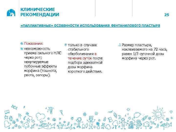 КЛИНИЧЕСКИЕ РЕКОМЕНДАЦИИ 25 «ПАЛЛИАТИВНЫЕ» ОСОБЕННОСТИ ИСПОЛЬЗОВАНИЯ ФЕНТАНИЛОВОГО ПЛАСТЫРЯ Показания: невозможность приема сильного НЛС через