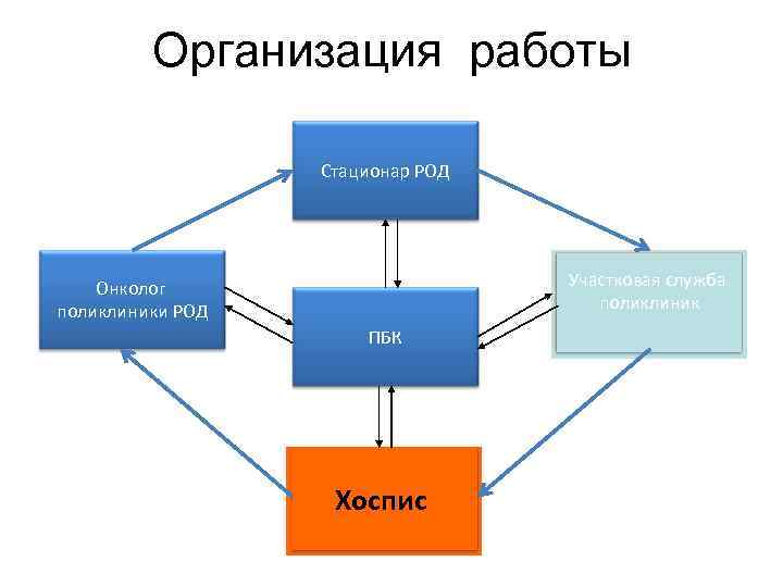 Организация работы Стационар РОД Участковая служба поликлиник Онколог поликлиники РОД ПБК Хоспис 