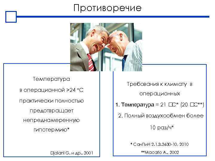 Противоречие Температура в операционной >24 С практически полностью предотвращает непреднамеренную гипотермию* Требования к климату