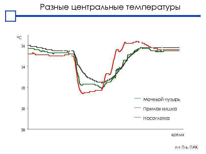 Разные центральные температуры ºC 36 34 32 Мочевой пузырь 30 Прямая кишка Носоглотка 28