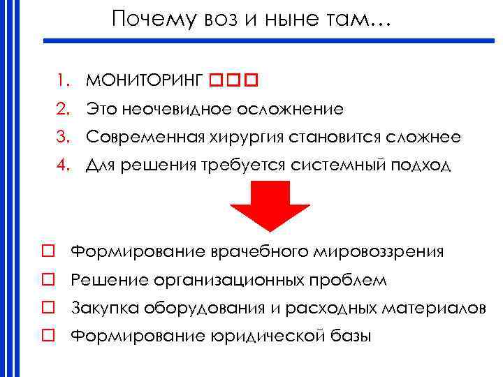 Почему воз и ныне там… 1. МОНИТОРИНГ 2. Это неочевидное осложнение 3. Современная хирургия