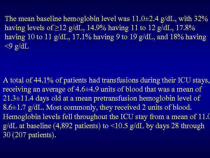 The mean baseline hemoglobin level was 11. 0± 2. 4 g/d. L, with 32%