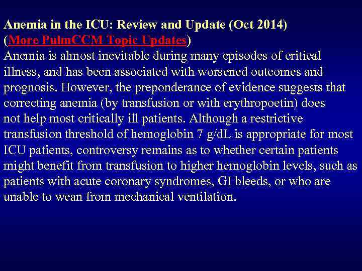 Anemia in the ICU: Review and Update (Oct 2014) (More Pulm. CCM Topic Updates)