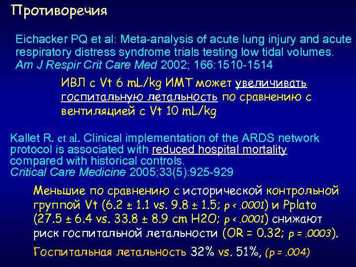 Противоречия Eichacker PQ et al: Meta-analysis of acute lung injury and acute respiratory distress
