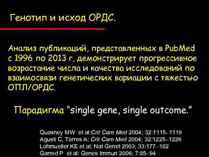 Генотип и исход ОРДС. Анализ публикаций, представленных в Pub. Med с 1996 по 2013