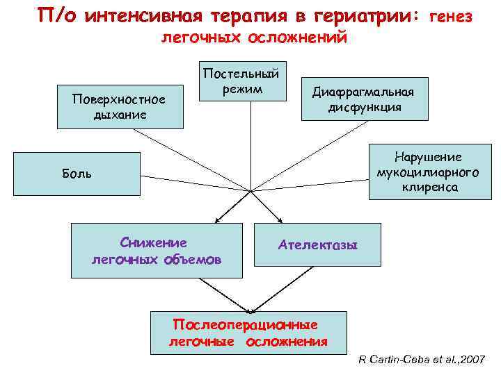 П/о интенсивная терапия в гериатрии: генез легочных осложнений Поверхностное дыхание Постельный режим Диафрагмальная дисфункция