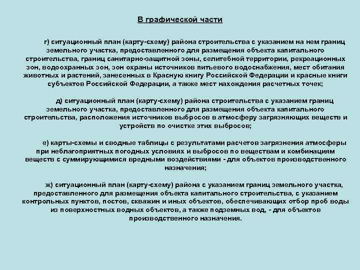 В графической части г) ситуационный план (карту-схему) района строительства с указанием на нем границ