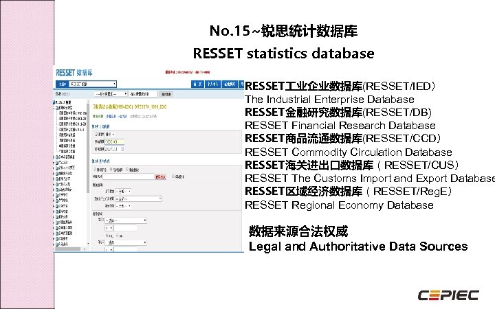 No. 15~锐思统计数据库 RESSET statistics database RESSET 业企业数据库(RESSET/IED） The Industrial Enterprise Database RESSET金融研究数据库(RESSET/DB) RESSET Financial