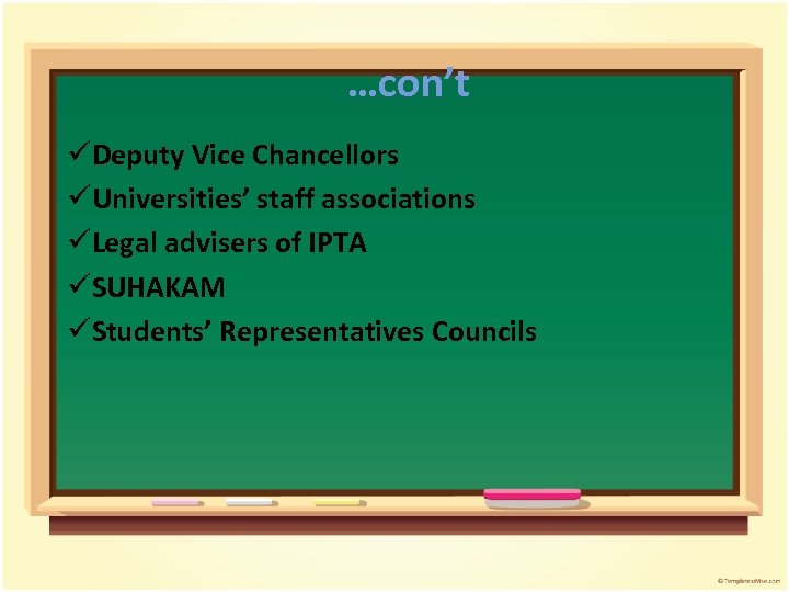 …con’t üDeputy Vice Chancellors üUniversities’ staff associations üLegal advisers of IPTA üSUHAKAM üStudents’ Representatives