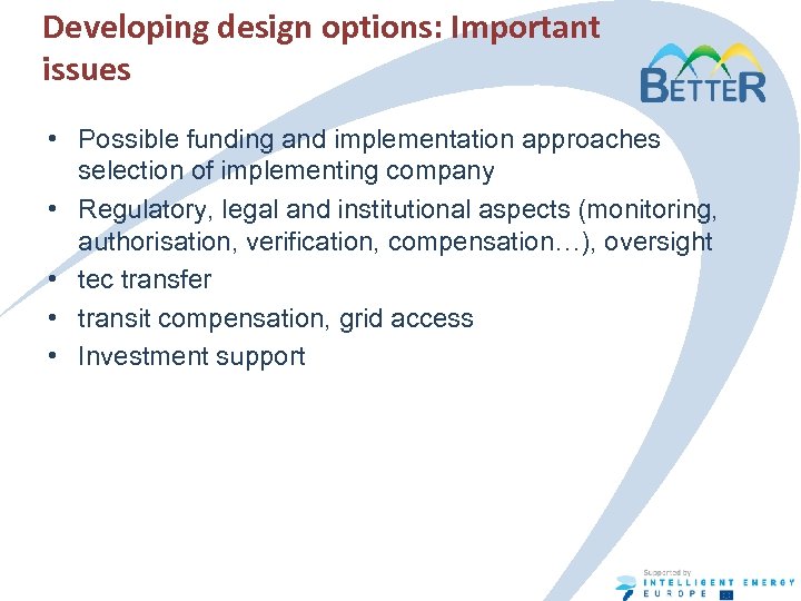 Developing design options: Important issues • Possible funding and implementation approaches selection of implementing