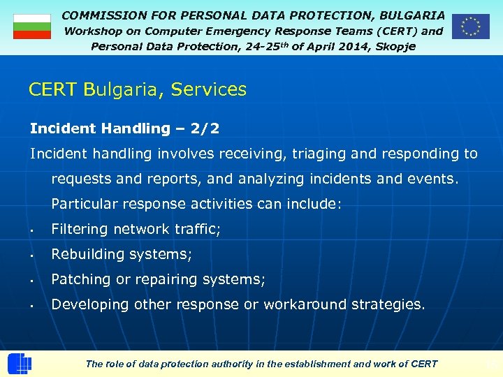 COMMISSION FOR PERSONAL DATA PROTECTION, BULGARIA Workshop on Computer Emergency Response Teams (CERT) and