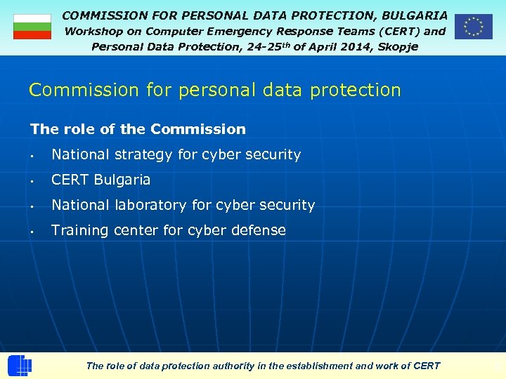 COMMISSION FOR PERSONAL DATA PROTECTION, BULGARIA Workshop on Computer Emergency Response Teams (CERT) and