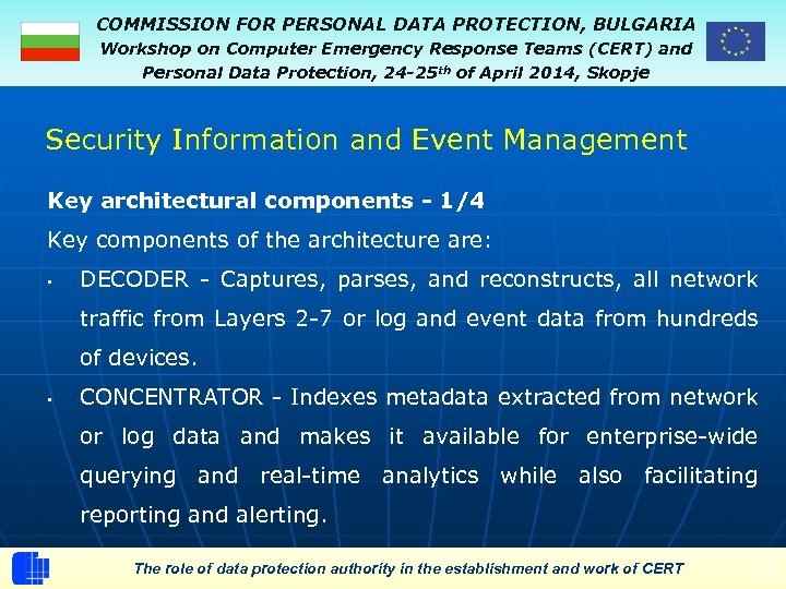 COMMISSION FOR PERSONAL DATA PROTECTION, BULGARIA Workshop on Computer Emergency Response Teams (CERT) and