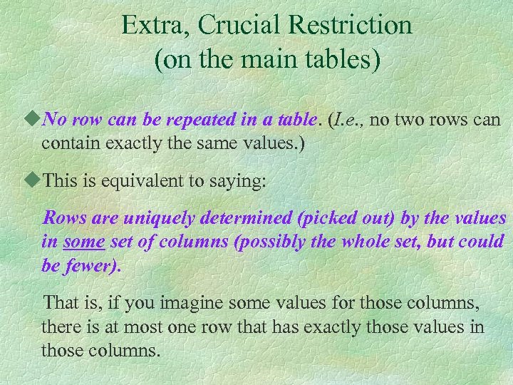 Extra, Crucial Restriction (on the main tables) u. No row can be repeated in