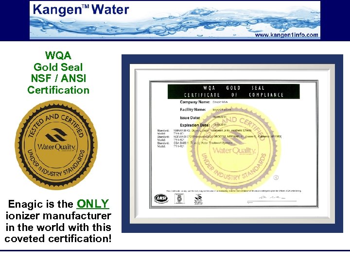 WQA Gold Seal NSF / ANSI Certification Enagic is the ONLY ionizer manufacturer in