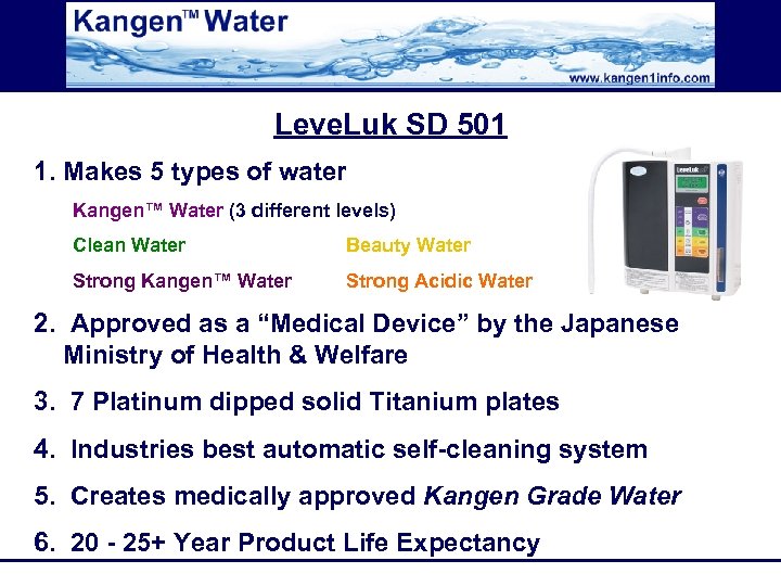 Leve. Luk SD 501 1. Makes 5 types of water Kangen™ Water (3 different