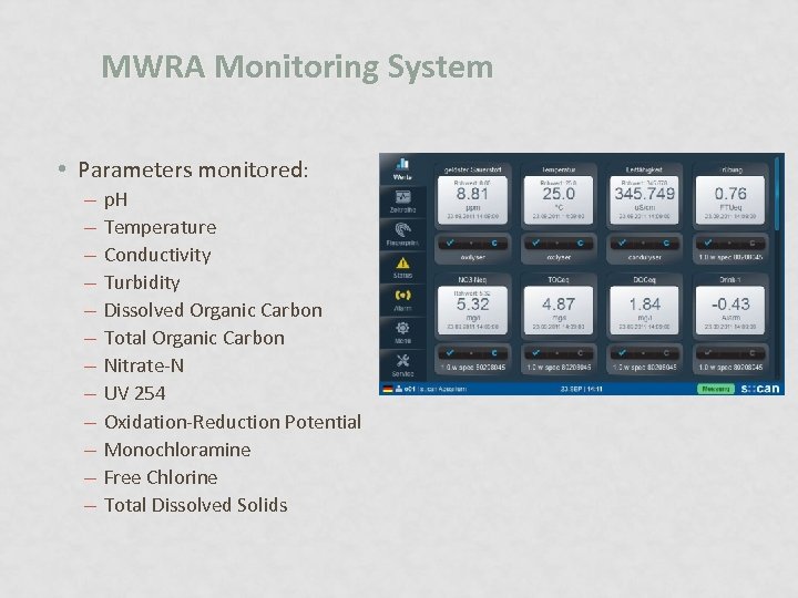 MWRA Monitoring System • Parameters monitored: – – – p. H Temperature Conductivity Turbidity