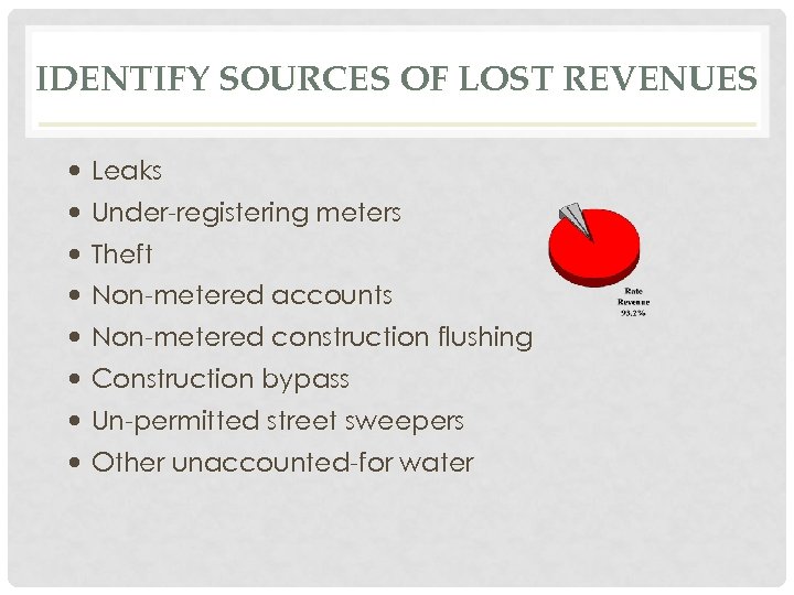 IDENTIFY SOURCES OF LOST REVENUES Leaks Under-registering meters Theft Non-metered accounts Non-metered construction flushing