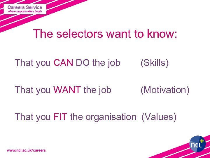 The selectors want to know: That you CAN DO the job (Skills) That you