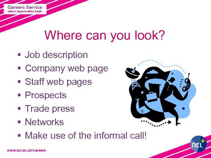 Where can you look? § § § § Job description Company web page Staff