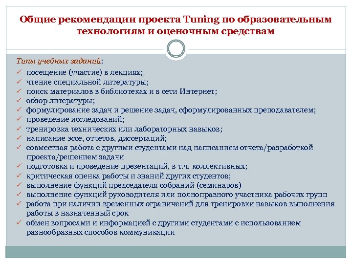 Общие рекомендации проекта Tuning по образовательным технологиям и оценочным средствам Типы учебных заданий: ü