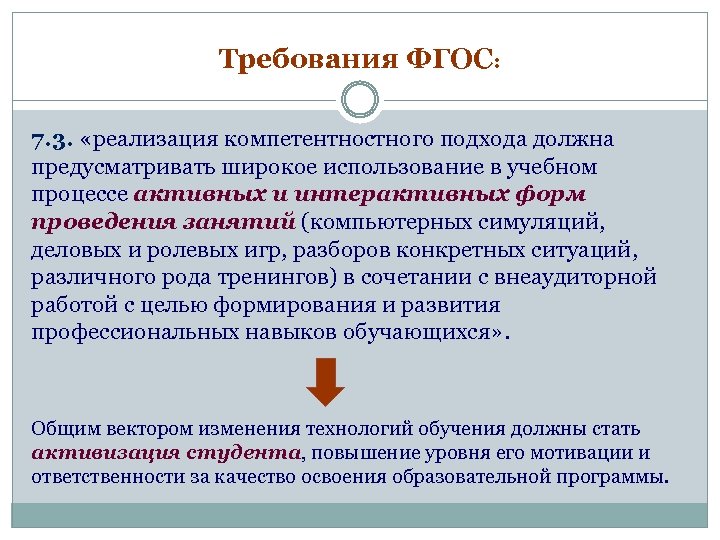 Требования ФГОС: 7. 3. «реализация компетентностного подхода должна предусматривать широкое использование в учебном процессе