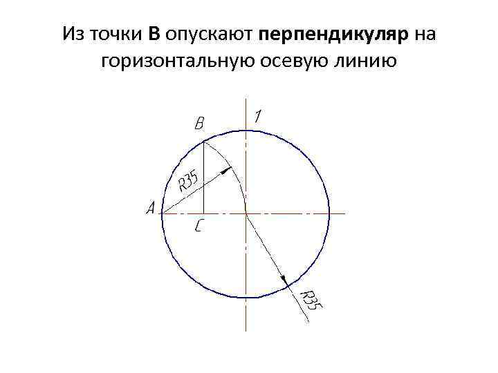 Из точки В опускают перпендикуляр на горизонтальную осевую линию 