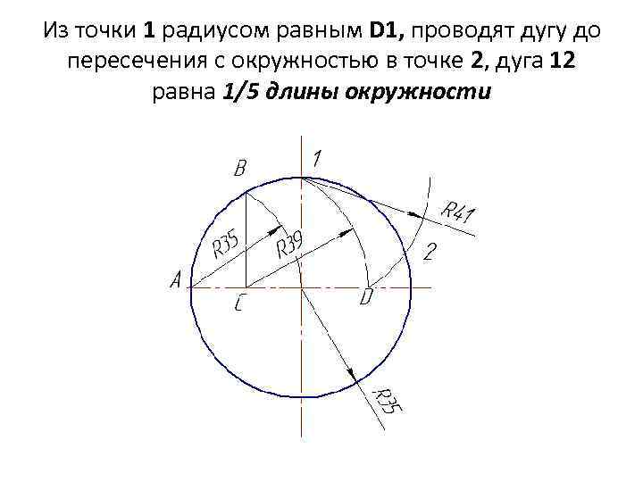 Из точки 1 радиусом равным D 1, проводят дугу до пересечения с окружностью в