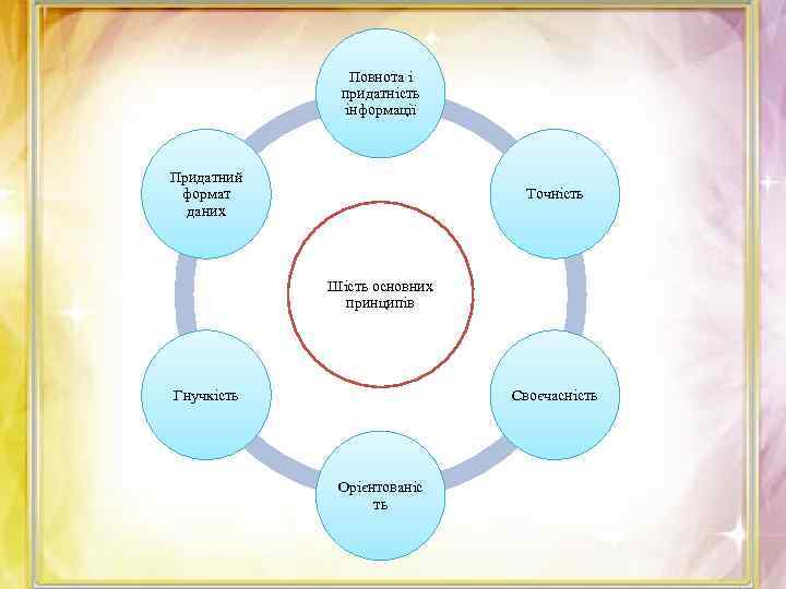Повнота і придатність інформації Придатний формат даних Точність Шість основних принципів Гнучкість Своєчасність Орієнтованіс
