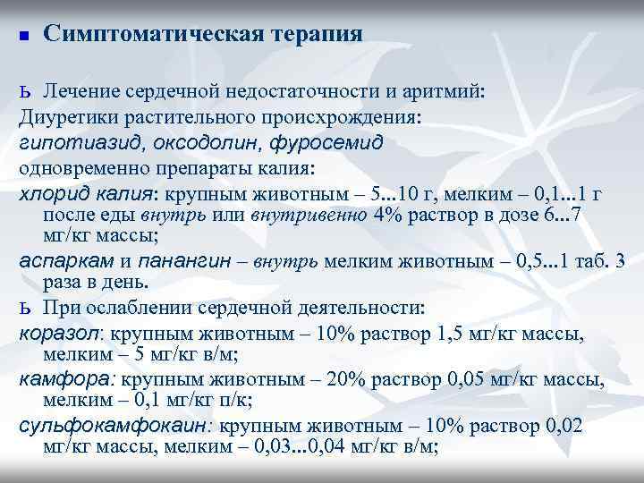 n Симптоматическая терапия ь Лечение сердечной недостаточности и аритмий: Диуретики растительного происхрождения: гипотиазид, оксодолин,